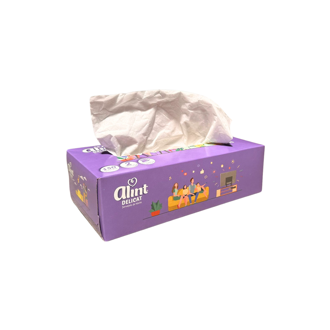 Servetele faciale albe, la cutie (pop-up) Alint Delicat, 2 straturi, 150 buc/cutie